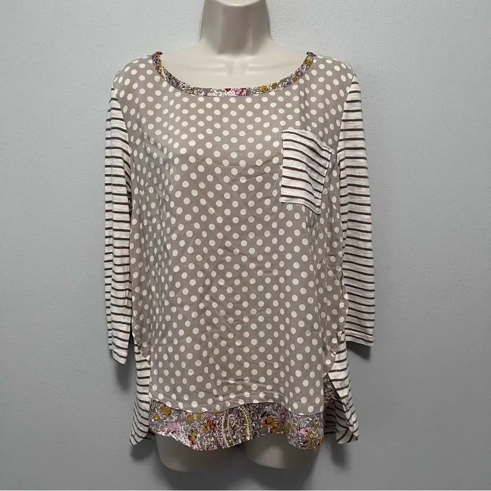 Anthropologie Beige and White Polka Dot Mixed-Pattern Blouse